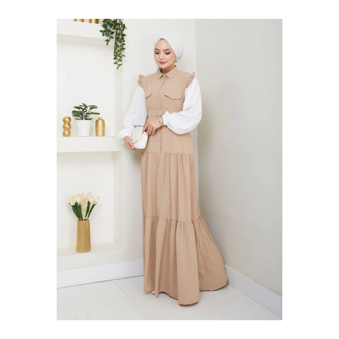 KOLU BEYAZ SALAŞ KADIN TESETTÜR ELBİSE