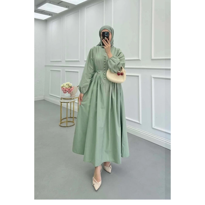 POPLİN KUMAŞ ÖNÜ NERVÜLLÜ BİYELİ ELBİSE MİNT