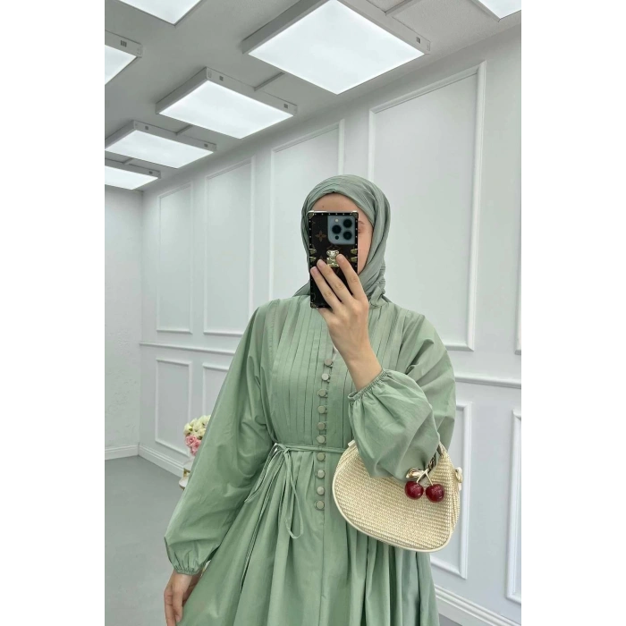 POPLİN KUMAŞ ÖNÜ NERVÜLLÜ BİYELİ ELBİSE MİNT