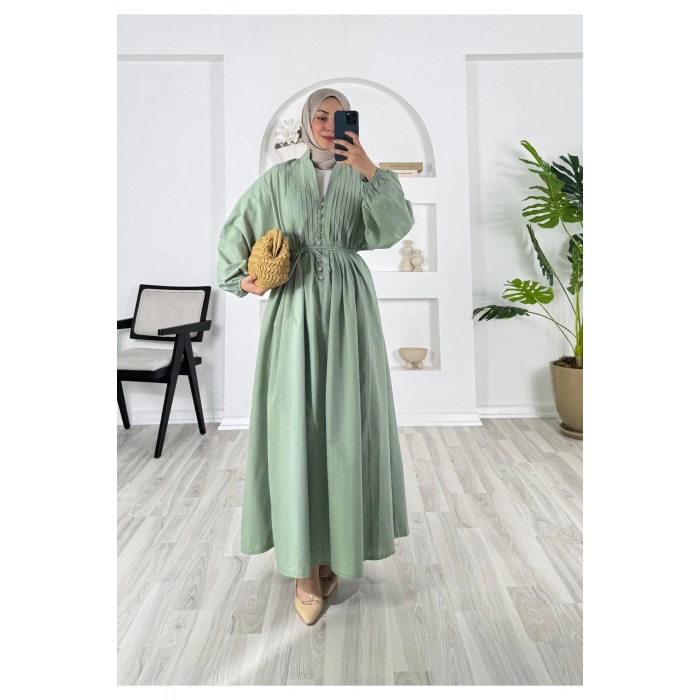 POPLİN KUMAŞ ÖNÜ NERVÜLLÜ BİYELİ ELBİSE MİNT