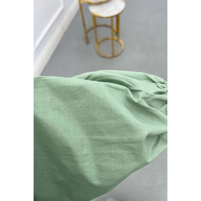 POPLİN KUMAŞ ÖNÜ NERVÜLLÜ BİYELİ ELBİSE MİNT