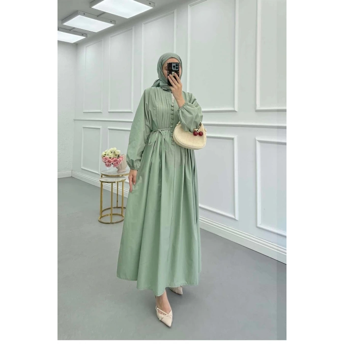 POPLİN KUMAŞ ÖNÜ NERVÜLLÜ BİYELİ ELBİSE MİNT