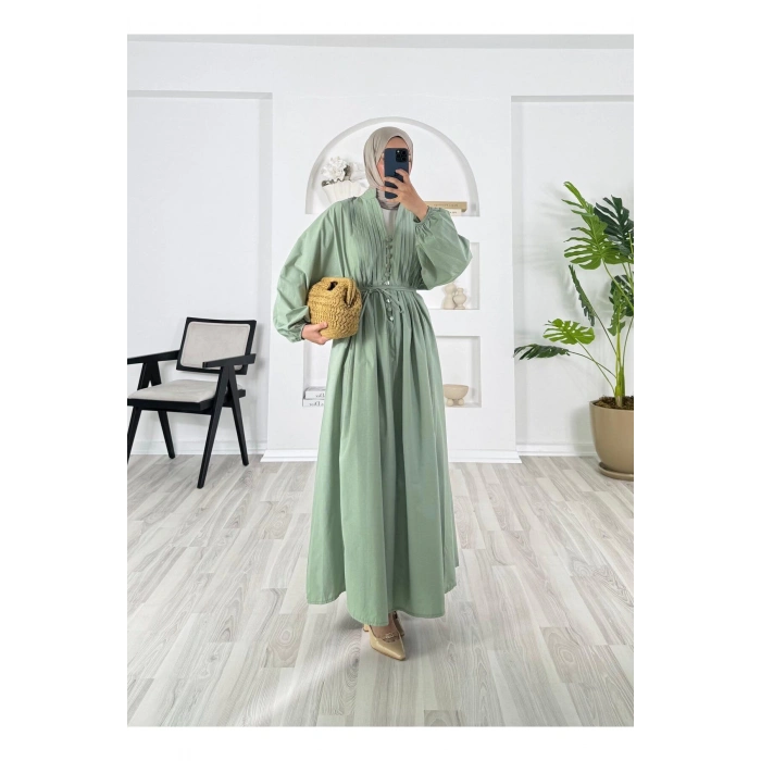 POPLİN KUMAŞ ÖNÜ NERVÜLLÜ BİYELİ ELBİSE MİNT