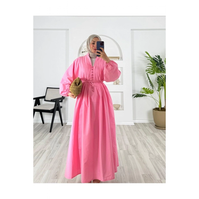 POPLİN KUMAŞ ÖNÜ NERVÜLLÜ BİYELİ ELBİSE PEMBE