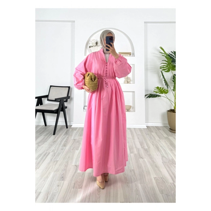 POPLİN KUMAŞ ÖNÜ NERVÜLLÜ BİYELİ ELBİSE PEMBE
