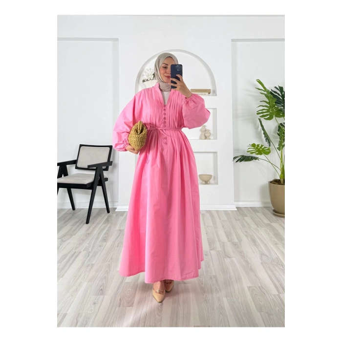 POPLİN KUMAŞ ÖNÜ NERVÜLLÜ BİYELİ ELBİSE PEMBE