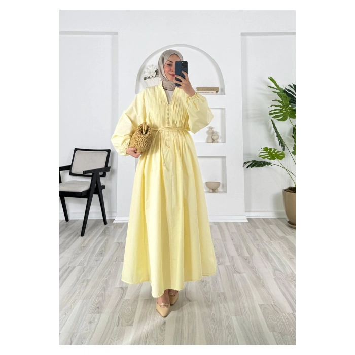POPLİN KUMAŞ ÖNÜ NERVÜLLÜ BİYELİ ELBİSE SARI