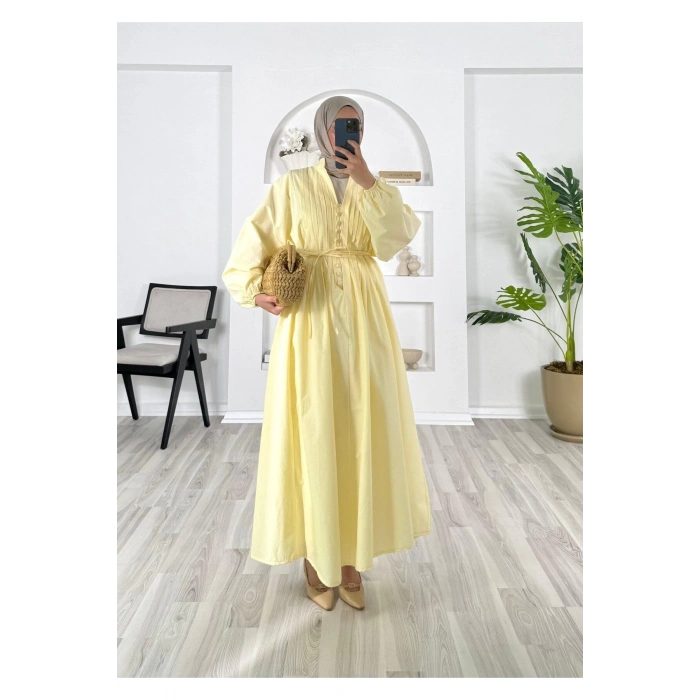 POPLİN KUMAŞ ÖNÜ NERVÜLLÜ BİYELİ ELBİSE SARI