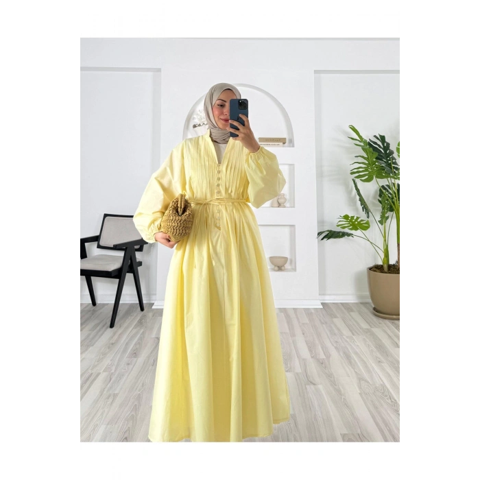 POPLİN KUMAŞ ÖNÜ NERVÜLLÜ BİYELİ ELBİSE SARI
