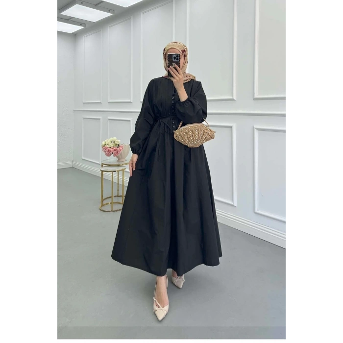 POPLİN KUMAŞ ÖNÜ NERVÜLLÜ BİYELİ ELBİSE SİYAH
