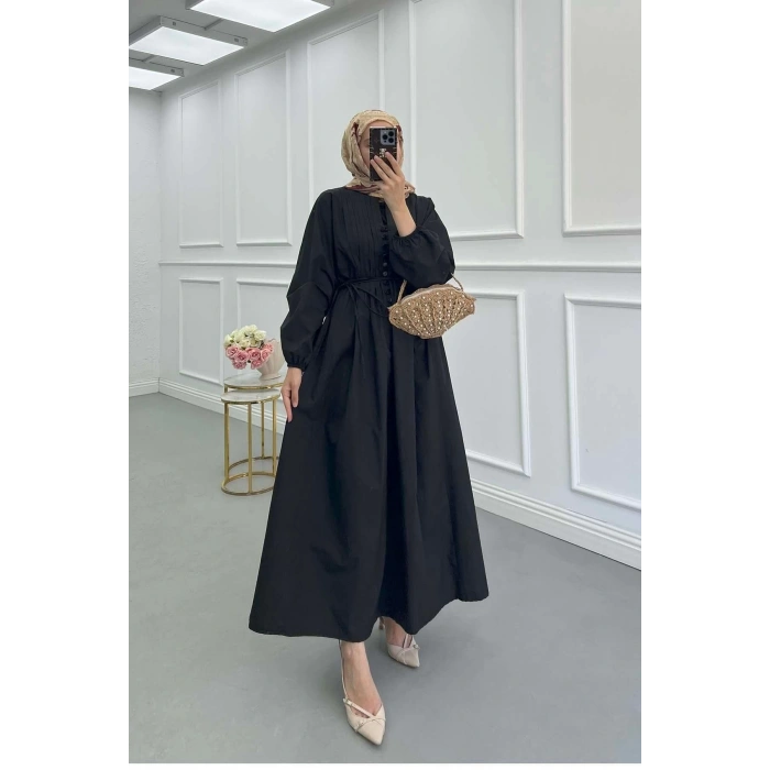 POPLİN KUMAŞ ÖNÜ NERVÜLLÜ BİYELİ ELBİSE SİYAH