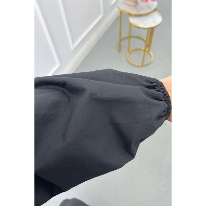 POPLİN KUMAŞ ÖNÜ NERVÜLLÜ BİYELİ ELBİSE SİYAH