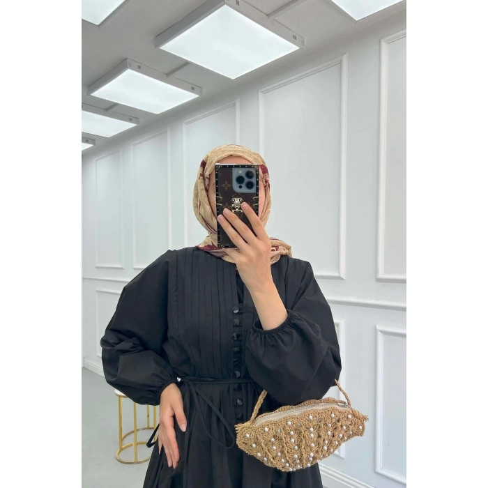 POPLİN KUMAŞ ÖNÜ NERVÜLLÜ BİYELİ ELBİSE SİYAH