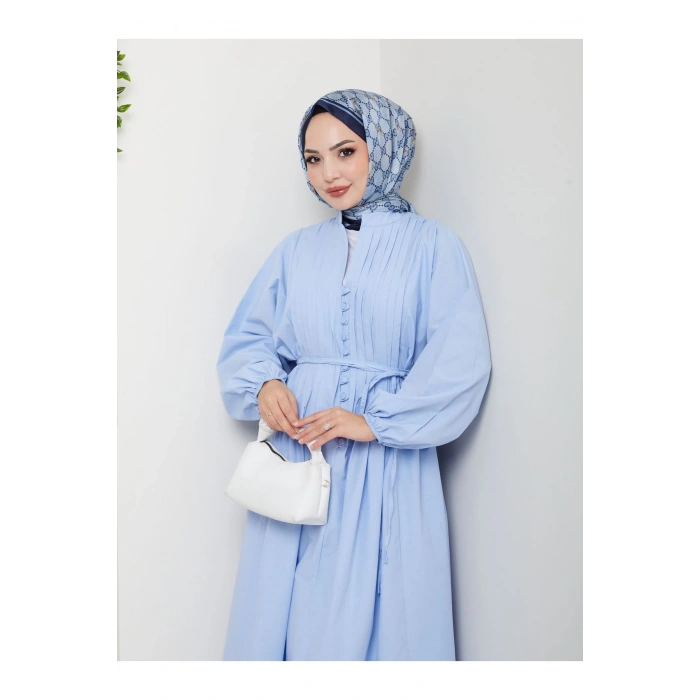 POPLİN KUMAŞ ÖNÜ NERVÜLLÜ BİYELİ ELBİSE MAVİ