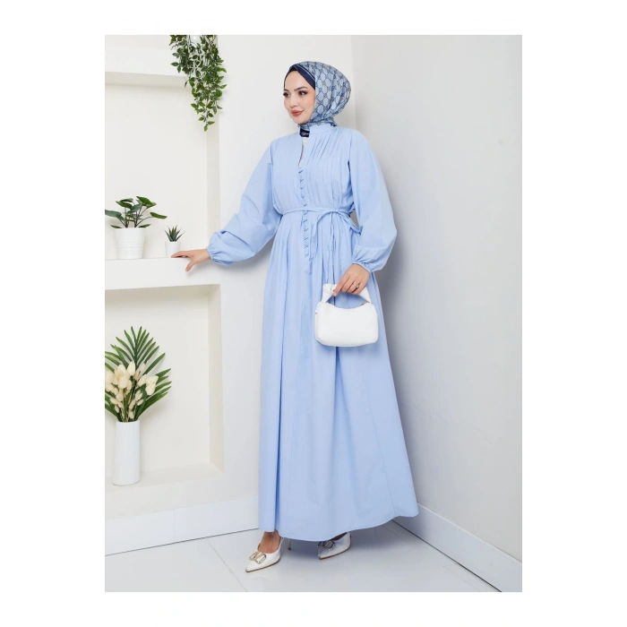 POPLİN KUMAŞ ÖNÜ NERVÜLLÜ BİYELİ ELBİSE MAVİ