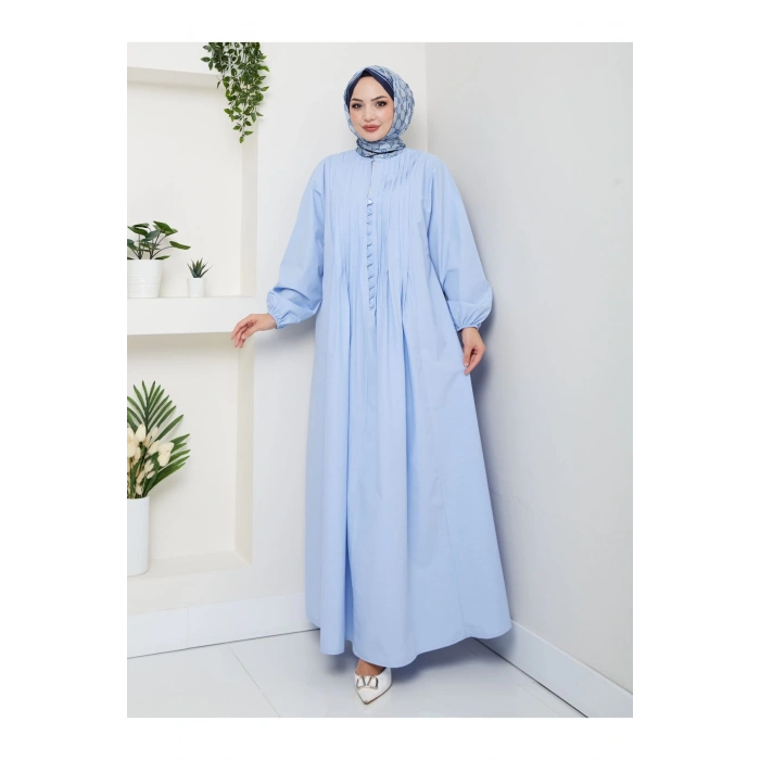 POPLİN KUMAŞ ÖNÜ NERVÜLLÜ BİYELİ ELBİSE MAVİ