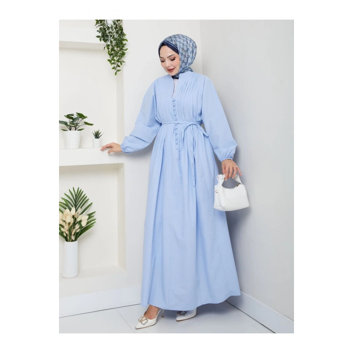 POPLİN KUMAŞ ÖNÜ NERVÜLLÜ BİYELİ ELBİSE MAVİ