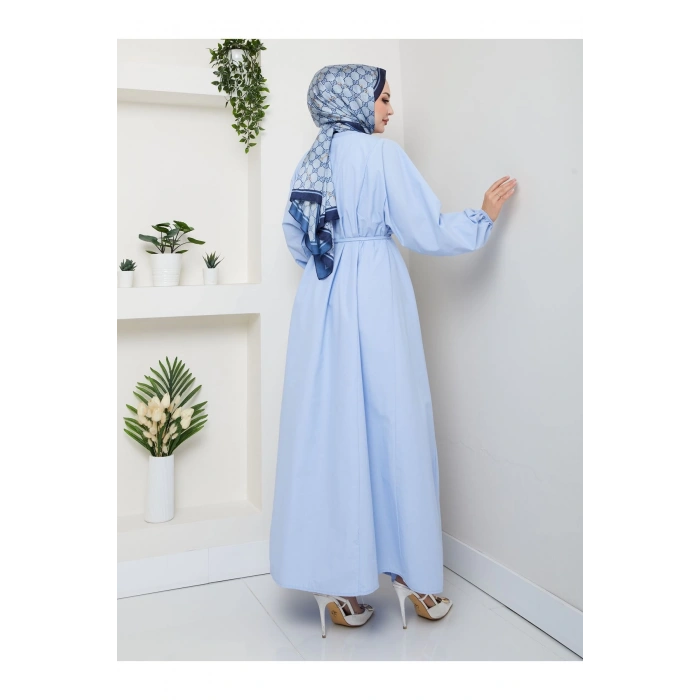 POPLİN KUMAŞ ÖNÜ NERVÜLLÜ BİYELİ ELBİSE MAVİ