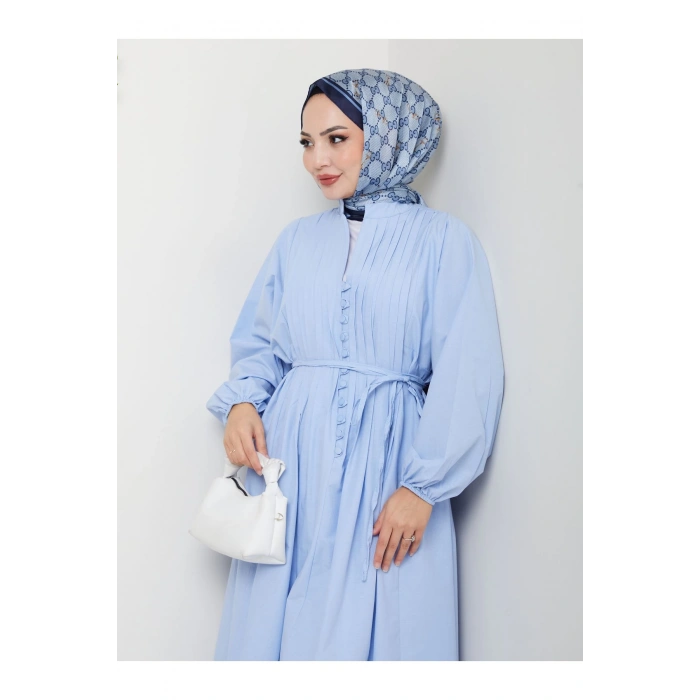 POPLİN KUMAŞ ÖNÜ NERVÜLLÜ BİYELİ ELBİSE MAVİ