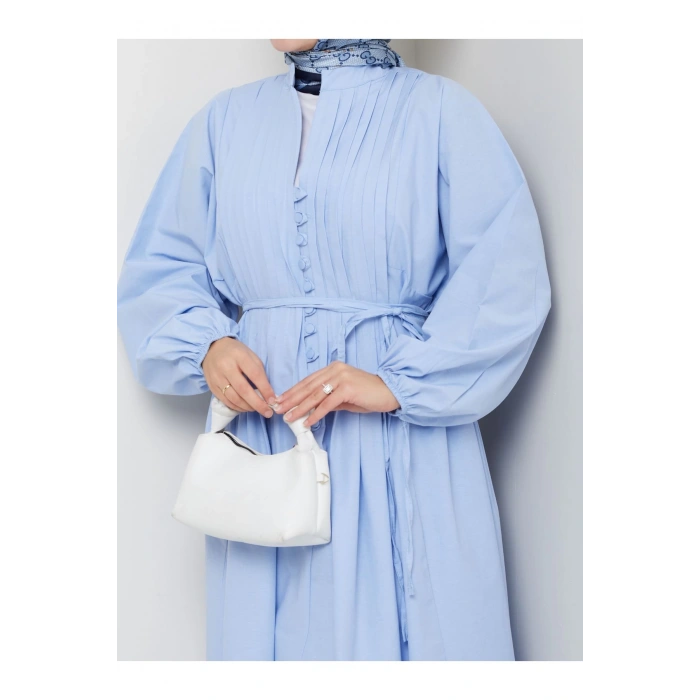 POPLİN KUMAŞ ÖNÜ NERVÜLLÜ BİYELİ ELBİSE MAVİ