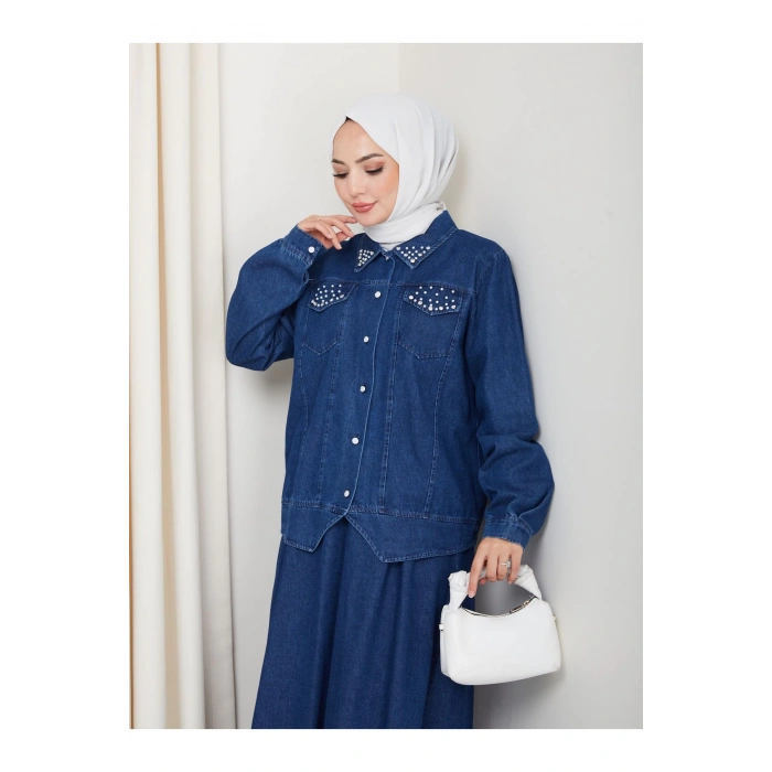 İNCİLİ KAPAKLİ CEP MAVİ KOT TESETTÜR ETEKLİ TAKIM KOT KUMAŞ