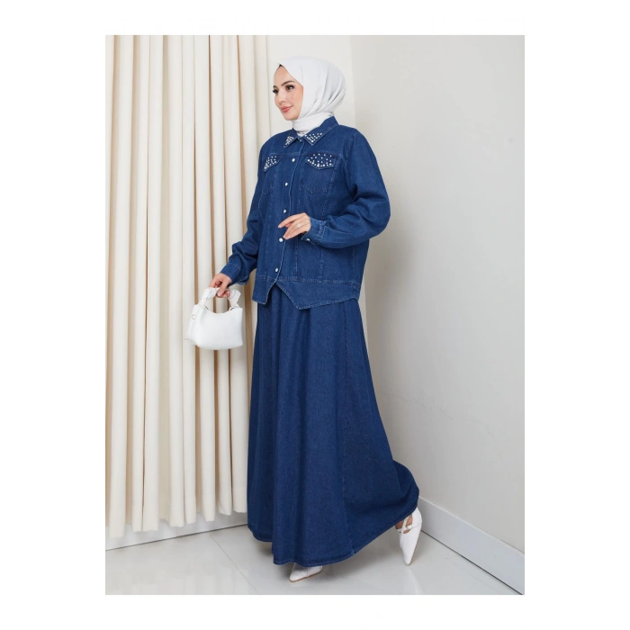 İNCİLİ KAPAKLİ CEP MAVİ KOT TESETTÜR ETEKLİ TAKIM KOT KUMAŞ