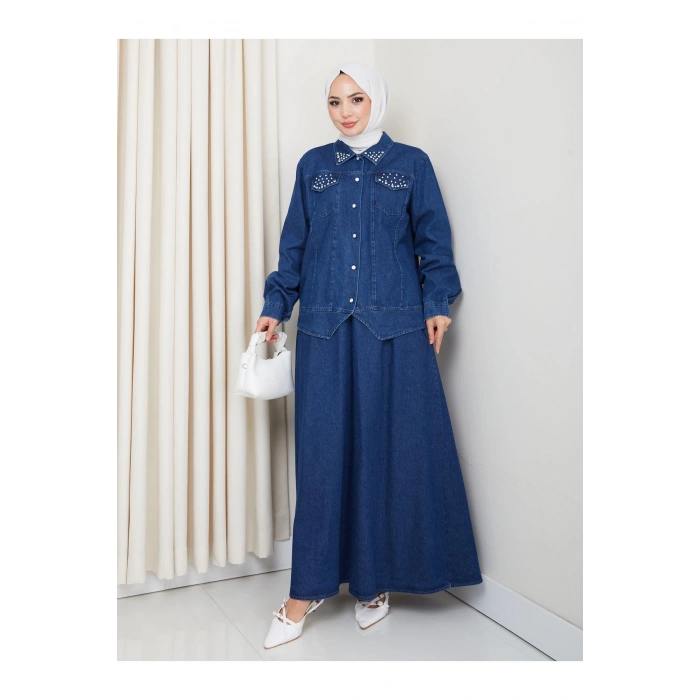 İNCİLİ KAPAKLİ CEP MAVİ KOT TESETTÜR ETEKLİ TAKIM KOT KUMAŞ