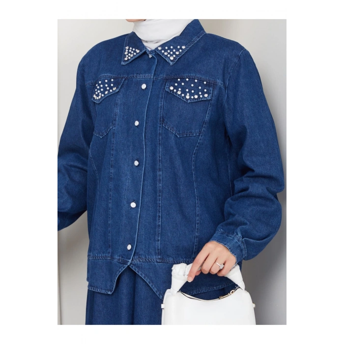 İNCİLİ KAPAKLİ CEP MAVİ KOT TESETTÜR ETEKLİ TAKIM KOT KUMAŞ