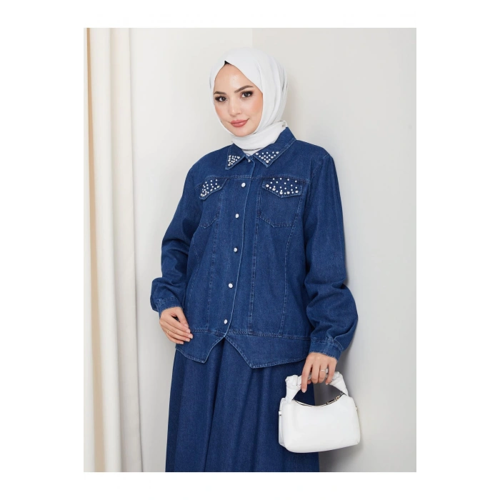 İNCİLİ KAPAKLİ CEP MAVİ KOT TESETTÜR ETEKLİ TAKIM KOT KUMAŞ