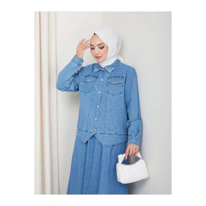 İNCİLİ KAPAKLİ CEP AÇIK KOT TESETTÜR ETEKLİ TAKIM KOT KUMAŞ