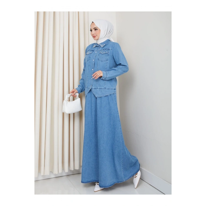 İNCİLİ KAPAKLİ CEP AÇIK KOT TESETTÜR ETEKLİ TAKIM KOT KUMAŞ