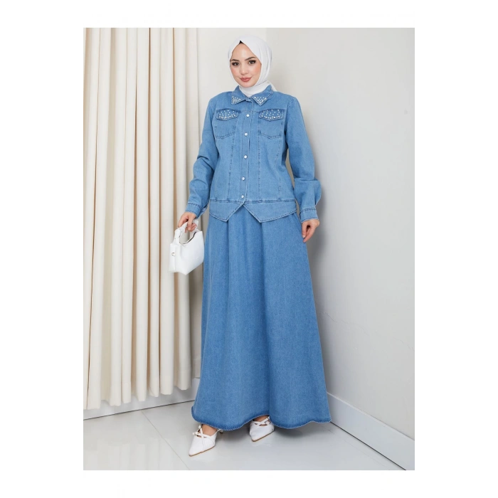 İNCİLİ KAPAKLİ CEP AÇIK KOT TESETTÜR ETEKLİ TAKIM KOT KUMAŞ