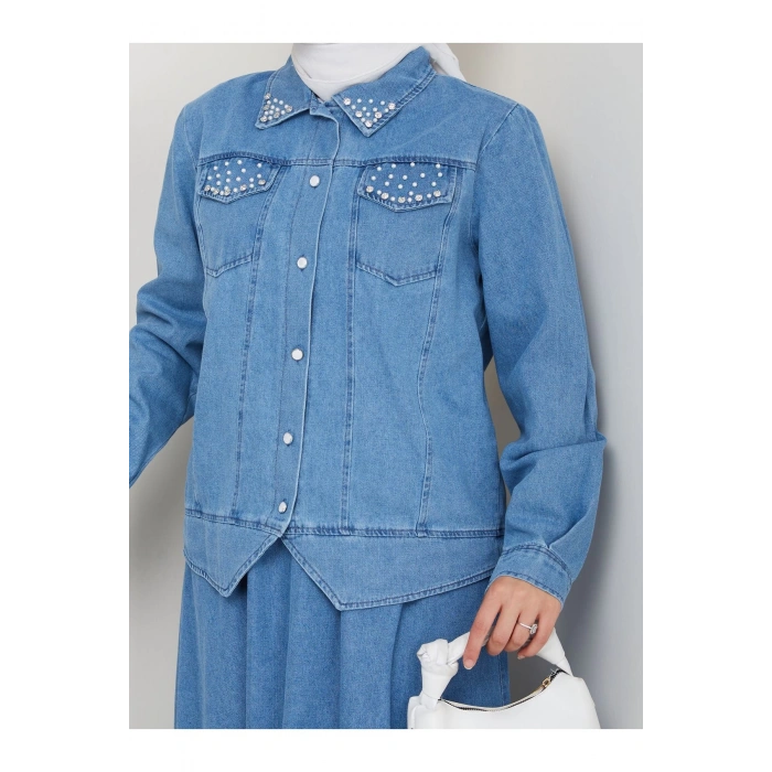 İNCİLİ KAPAKLİ CEP AÇIK KOT TESETTÜR ETEKLİ TAKIM KOT KUMAŞ