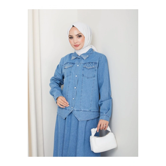 İNCİLİ KAPAKLİ CEP AÇIK KOT TESETTÜR ETEKLİ TAKIM KOT KUMAŞ