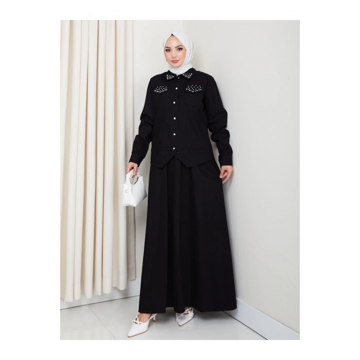 İNCİLİ KAPAKLİ CEP SİYAH KOT TESETTÜR ETEKLİ TAKIM KOT KUMAŞ