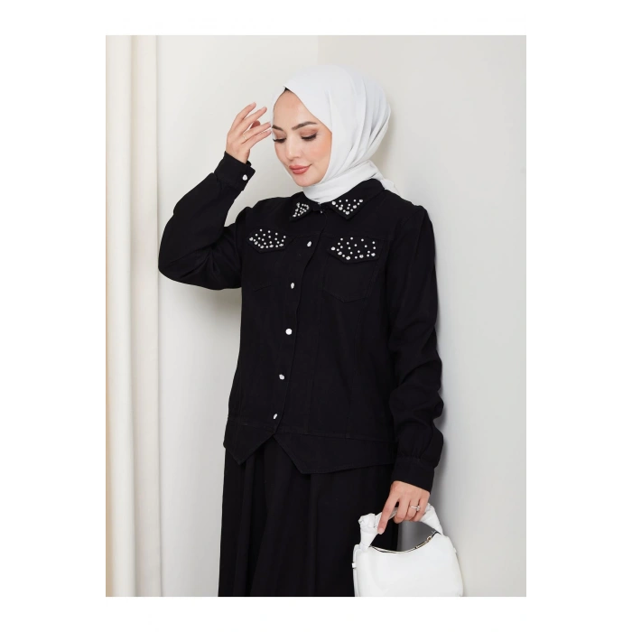 İNCİLİ KAPAKLİ CEP SİYAH KOT TESETTÜR ETEKLİ TAKIM KOT KUMAŞ