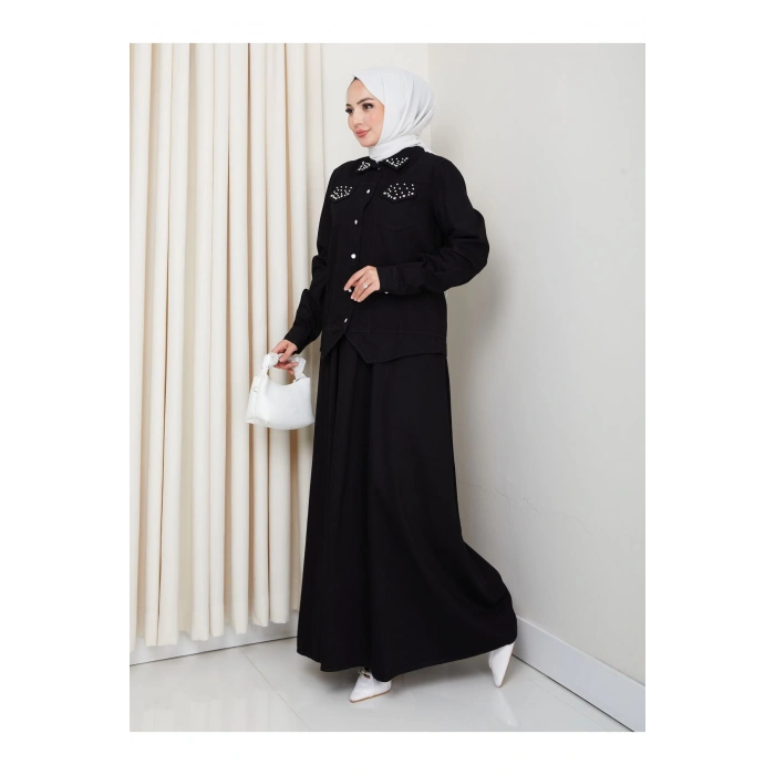 İNCİLİ KAPAKLİ CEP SİYAH KOT TESETTÜR ETEKLİ TAKIM KOT KUMAŞ