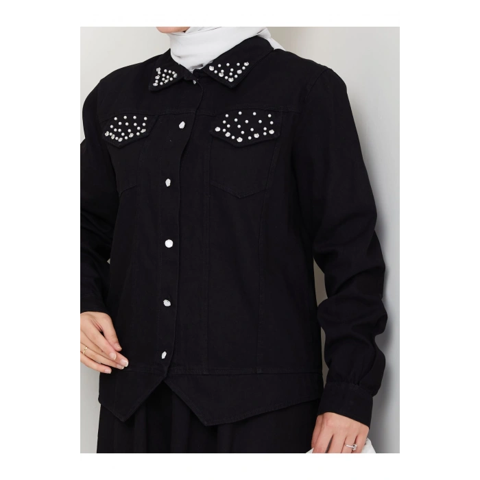 İNCİLİ KAPAKLİ CEP SİYAH KOT TESETTÜR ETEKLİ TAKIM KOT KUMAŞ