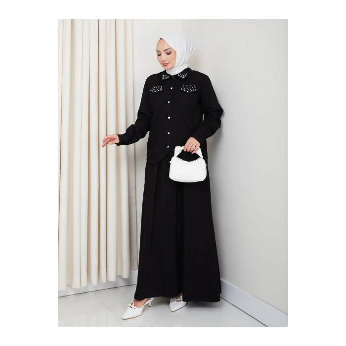 İNCİLİ KAPAKLİ CEP SİYAH KOT TESETTÜR ETEKLİ TAKIM KOT KUMAŞ