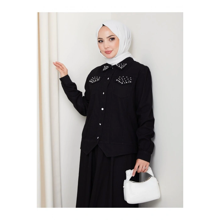 İNCİLİ KAPAKLİ CEP SİYAH KOT TESETTÜR ETEKLİ TAKIM KOT KUMAŞ