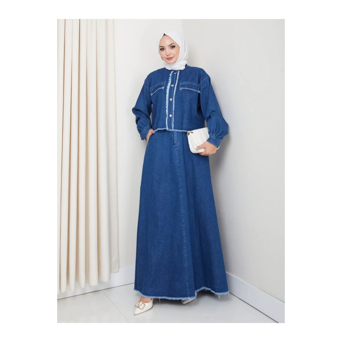 SAÇAKLI DETAYLİ MAVİ KOT TESETTÜR ETEKLİ TAKIM KOT KUMAŞ