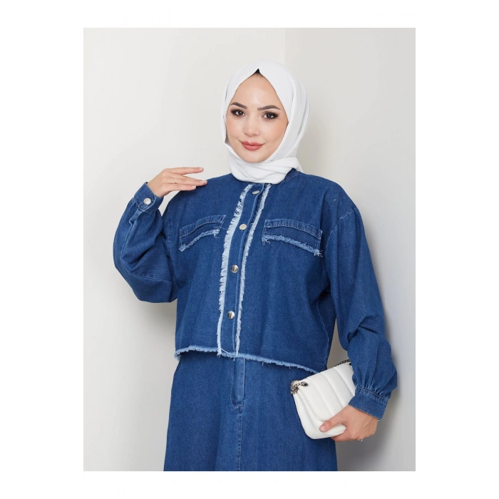 SAÇAKLI DETAYLİ MAVİ KOT TESETTÜR ETEKLİ TAKIM KOT KUMAŞ