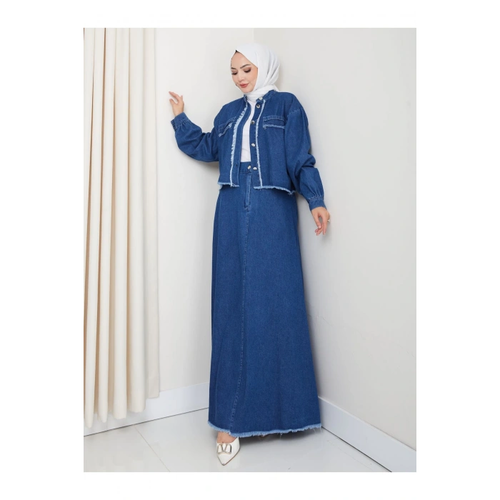 SAÇAKLI DETAYLİ MAVİ KOT TESETTÜR ETEKLİ TAKIM KOT KUMAŞ