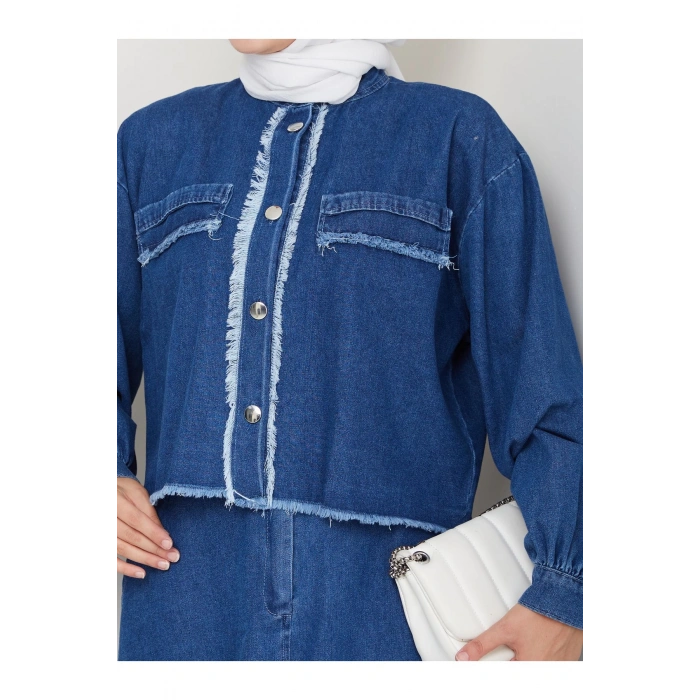 SAÇAKLI DETAYLİ MAVİ KOT TESETTÜR ETEKLİ TAKIM KOT KUMAŞ