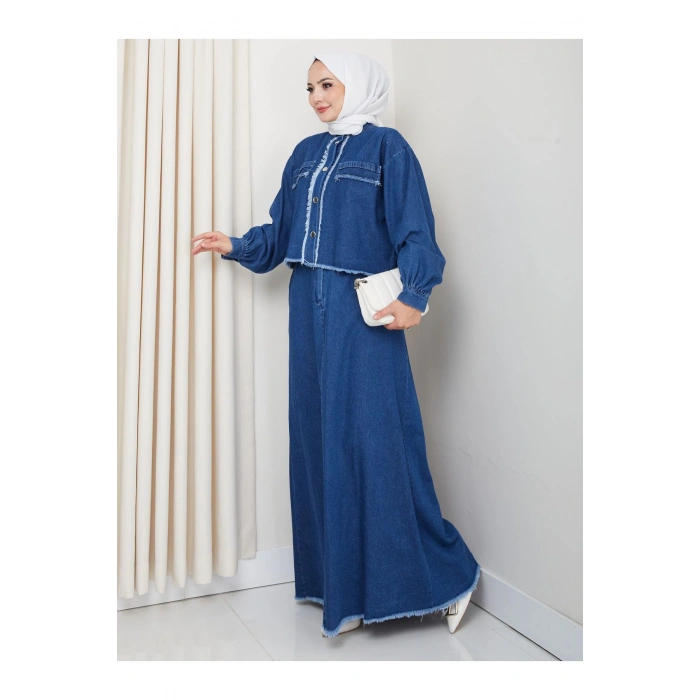 SAÇAKLI DETAYLİ MAVİ KOT TESETTÜR ETEKLİ TAKIM KOT KUMAŞ