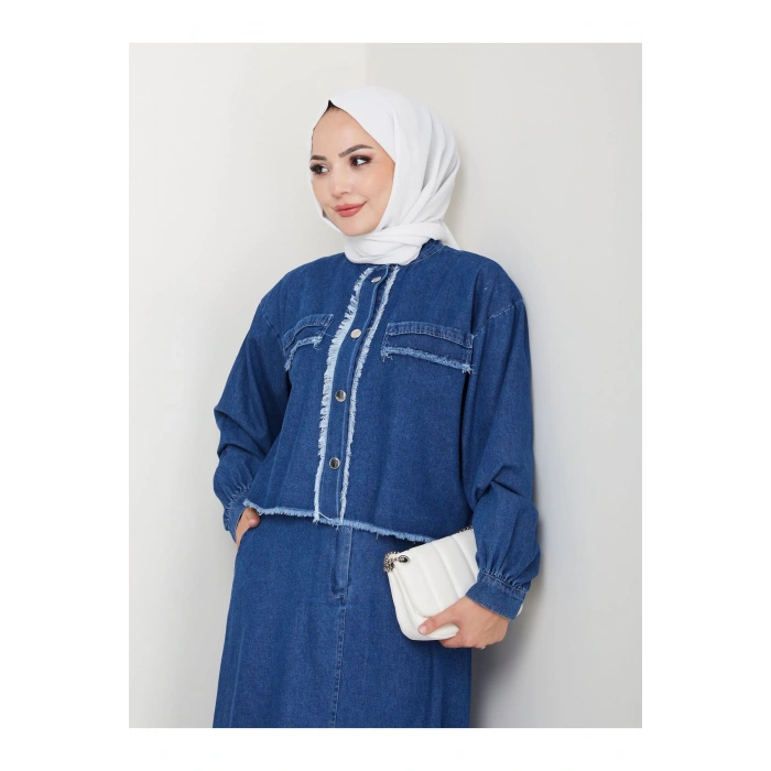 SAÇAKLI DETAYLİ MAVİ KOT TESETTÜR ETEKLİ TAKIM KOT KUMAŞ