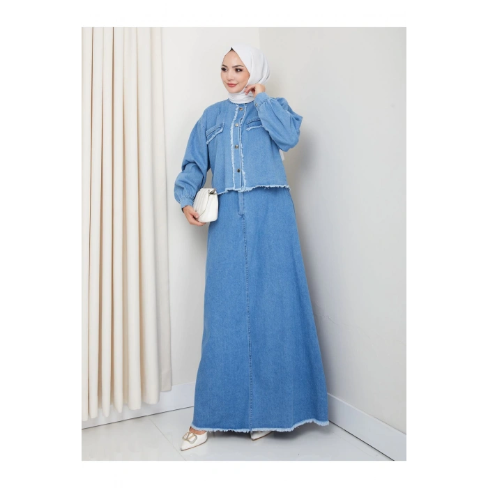 SAÇAKLI DETAYLİ AÇIK KOT TESETTÜR ETEKLİ TAKIM KOT KUMAŞ