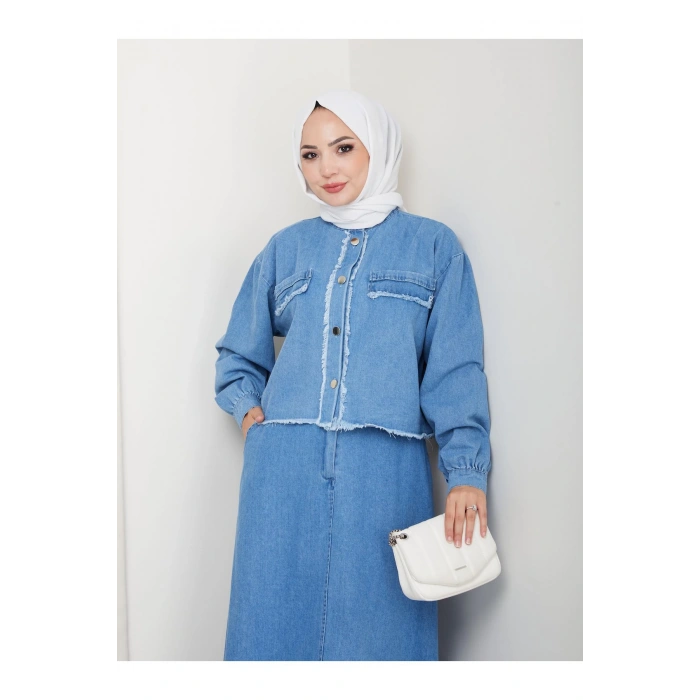 SAÇAKLI DETAYLİ AÇIK KOT TESETTÜR ETEKLİ TAKIM KOT KUMAŞ