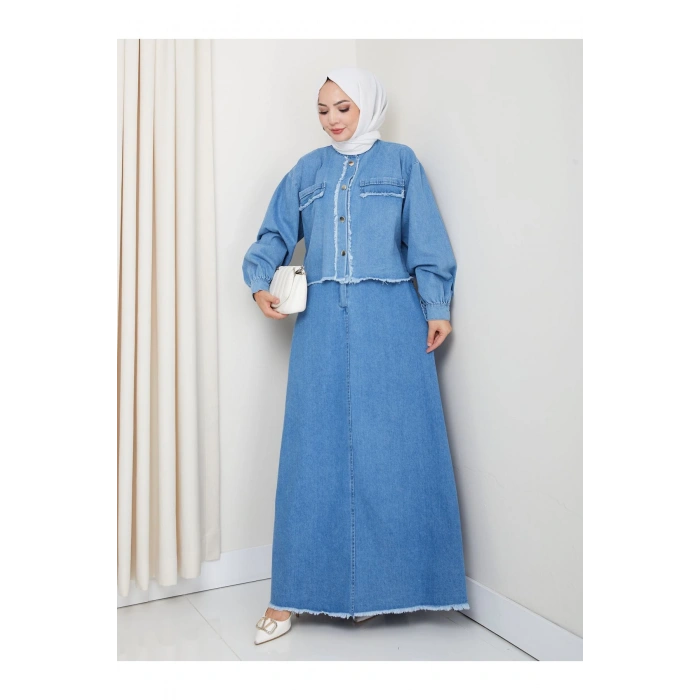 SAÇAKLI DETAYLİ AÇIK KOT TESETTÜR ETEKLİ TAKIM KOT KUMAŞ