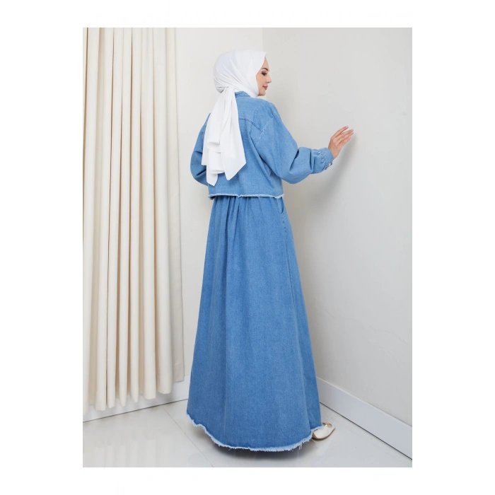 SAÇAKLI DETAYLİ AÇIK KOT TESETTÜR ETEKLİ TAKIM KOT KUMAŞ